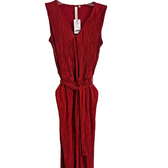 NWT NY Collection Wine Micro Pleated Jumpsuit Sz XS Sleeveless Tie Belt Career - Picture 4 of 14